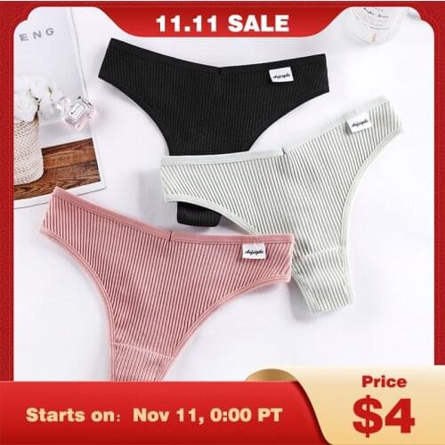 3PCS G-string Womens Cotton Underwear Sexy Underpants Female Thong Panties Solid Color Knickers Pantys Lingerie Low-Rise Undies