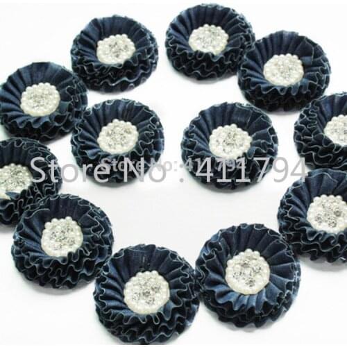 30 pcs/lot ,8cm denim rhinestone flowers , denim shabby flowers with pearl for hair apparel accessories headwear