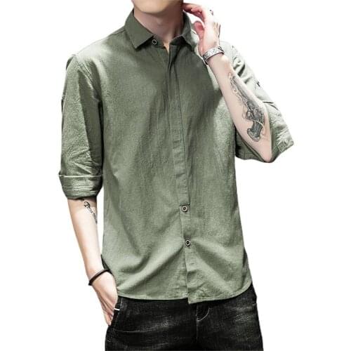 60%HOTSummer Men 3/4 Sleeve Lapel Collar Casual Solid Color Cotton Linen Slim Shirt
