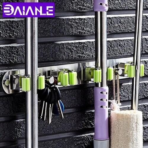 BAIANLE Toilet Mop Rack Umbrella Hook Wall Mount Bathroom Stainless Steel Broom Handle Key Hook Storage Rack