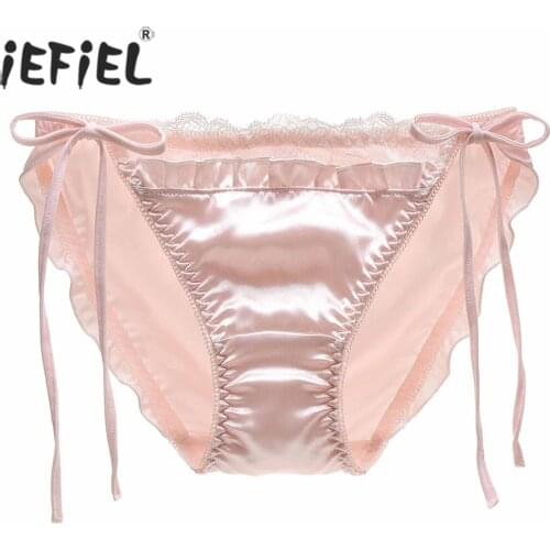 IEFiEL Women Lace Trim Pleated Briefs Lace-up Panties Female Low Waist Exotic Underwear for Sexy Lingerie Party Performance