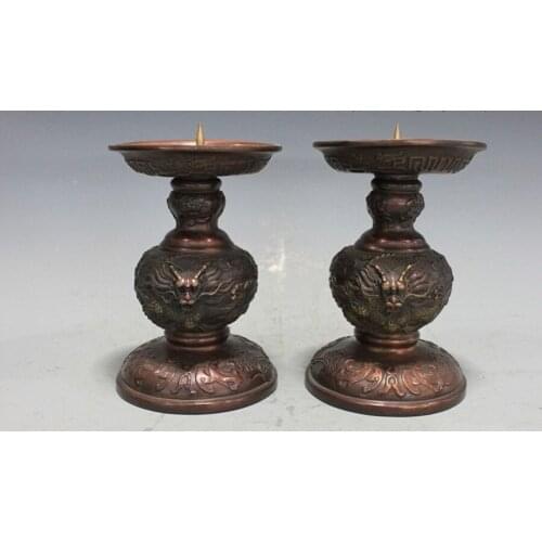 China Pure Bronze Copper Dragon Temple Candlestick candleholder candler Pair