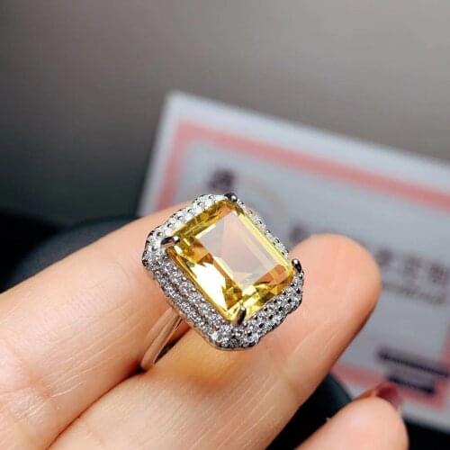 Classic 925 Silver Yellow Crystal Ring for Party 10mm*12mm Emerald Cut Natural Citrine Ring Sterling Silver Citrine Jewelry