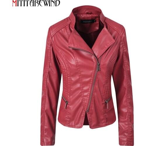 Spring Autumn PU Leather Jacket Women Stand Collar Short Style Slim Fit Leather Coat Women Oblique Zipper Moto&biker Jacket
