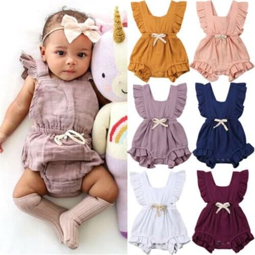 Cute Summer Newborn Baby Girl Ruffle Cotton Solid Color Romper Jumpsuit Outfits Clothes