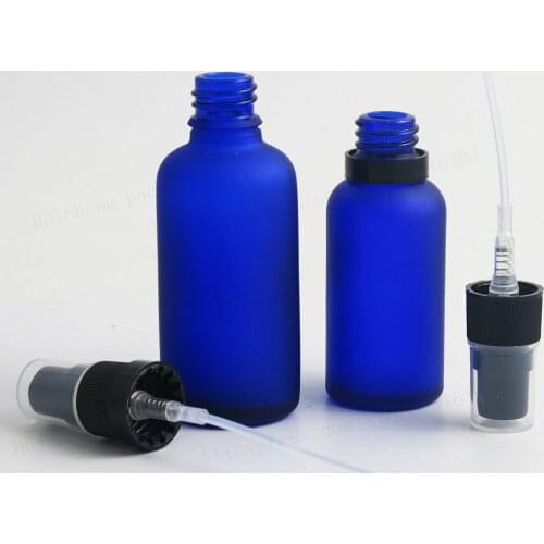 Refillable Travel 100ML 50ML 30ML 20ML 15ML 10ML 5ML frost blue glass essential oil bottle with Tamper Evident Spray