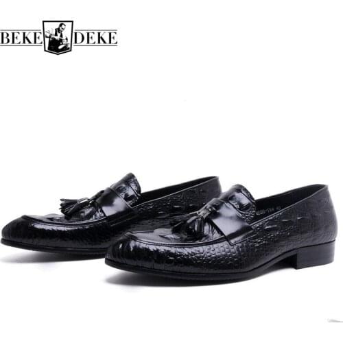 Fashion Black Brown Loafers Prom Shoes Mens Dress Shoes Genuine Leather Male Wedding Formal Shoes With Tassel Mocassim Masculino