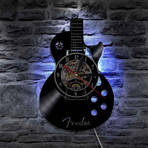 Wall Clock with LED Light Guitar Wall Lamp Music Theme Classic Vinyl Record Clocks Wall Art for Home Bedroom Living Room Decor
