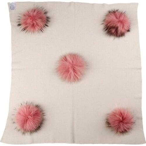 Newborn Kids Baby Warm Wool Swaddling Blanket With 15cm Real Raccoon Fur Pompom Travel Sleeping Blanket Bedding