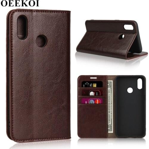 OEEKOI Crazy Horse Genuine Leather Wallet Flip Case for Realme 3 Pro/X/3