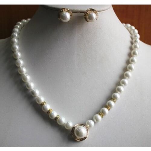 Simple style 8mm white shell pearl necklace matched with 14mm earring and pendant jewelry set for wedding and anniversary