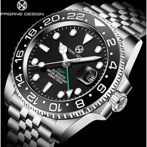 PAGRNE REDlGN Mens Top Watch Brand Sapphire Glass GMT Mechanical Watch 100M Waterproof Casual Stainless Steel Watch Clock