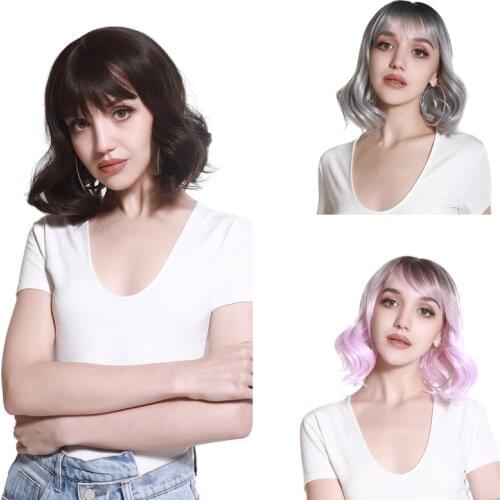 Short Bob Wig with Bangs Lolita Synthetic Cosplay Black Brown Curly Purple Grey Ombre Fake Scalp Wigs For Woman