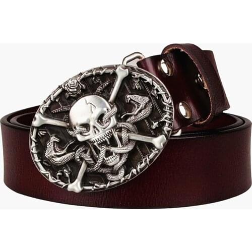 Cool mens Genuine Leather belt metal buckle flame Skull belt bad bone belt snake demon cross punk rock style show girdle women