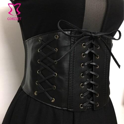 Black Faux Leather Front Lace Up Sexy Rock Wide Belt Cummerbund Gothic Waist Belt Steampunk Accessories Vintage Belts For Women