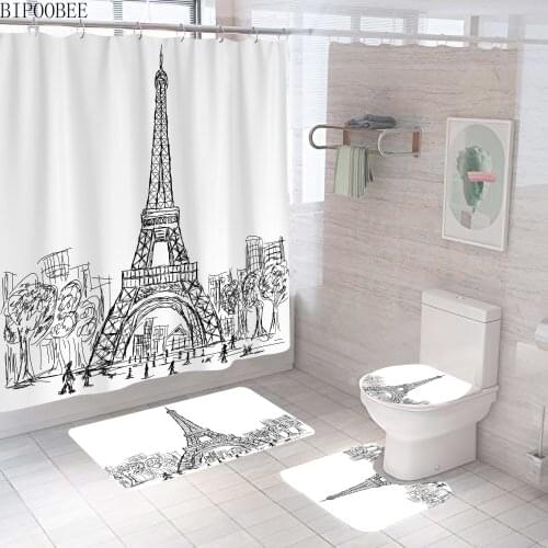 Eiffel Tower Sketch Pattern Shower Curtains Waterproof White Bathroom Curtain Toilet Lid Cover Bath Mats Non-Slip Carpet