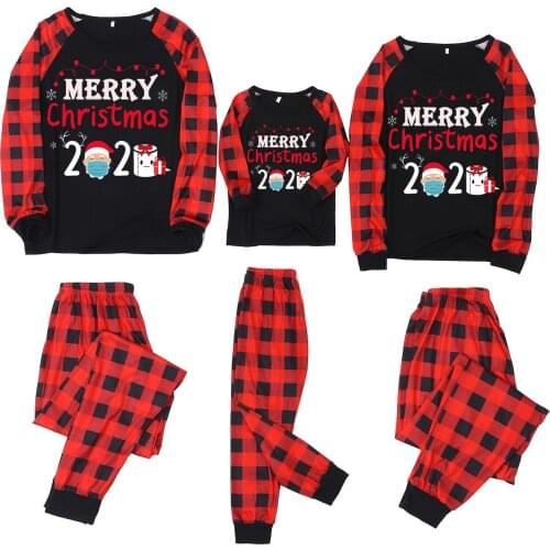 Christmas Letter Print Parent-child Outfits Long Sleeve Top Black Red Plaid Pants Home Suit New Year Dad Mom Kids Pajamas Set