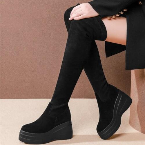 Thigh High Creepers Women Cow Leather Wedges High Heel Over The Knee High Boots Female Stretchy Velvet Slim Leg Fashion Sneakers
