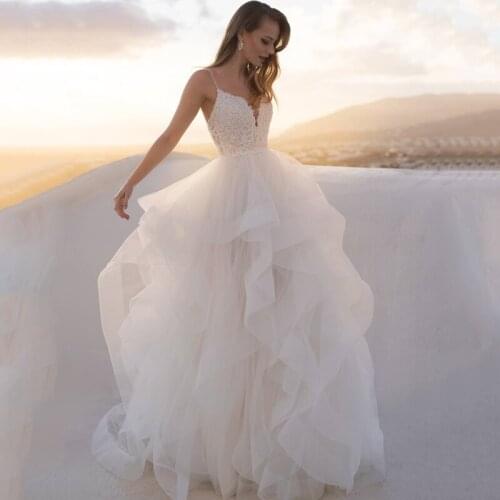 Eightree Vintage Beach Wedding Dresses 2021 Tulle Long Lace Beading Beach Bridal Gown A-Line Court Train Wedding Evening Dresses