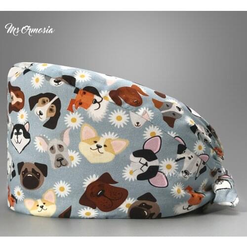 High Quality printing clinical unisex Surgical hat Beautician Scrub cap Pet adjustable Breathable cotton medical hat wholesale
