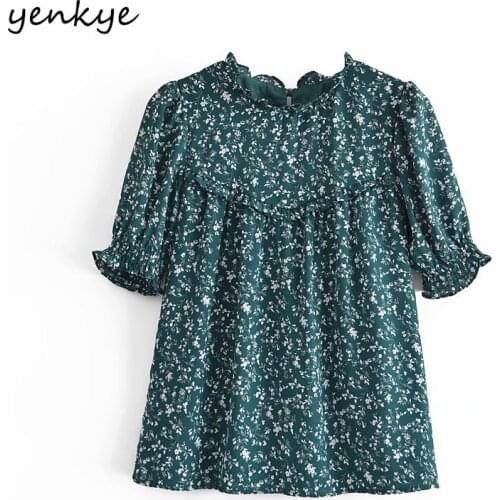YENKYE Vintage Dark Green Floral Print Crop Top Women O Neck Short Sleeve Casual Clothes Summer Chiffon Blouse