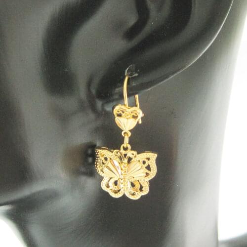 YELLOW GOLD GP PLATED OVERLAY VIVID BUTTERFLY PATTERN HIGH QUALITY DANGLE EARRING
