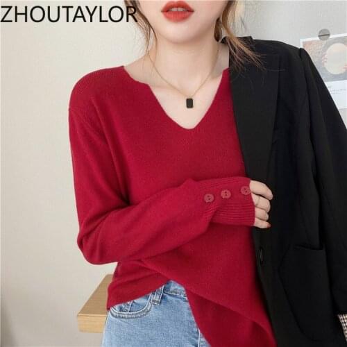 ZHOUTAYLOR Woman Sweaters Single Breasted Full Sleeve Tops Female Autumn New Solid Office Lady Loose-fitting Pullovers Femme