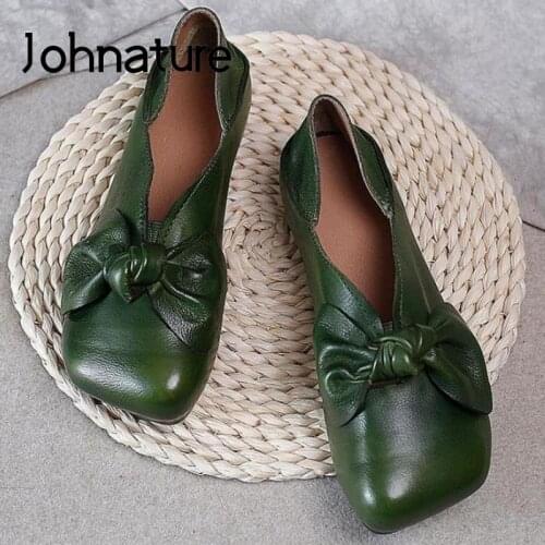 Johnature Flats Women Shoes Genuine Leather Square Toe 2021 New Spring/Autumn Butterfly-knot Handmade Retro Concise Ladies Shoes