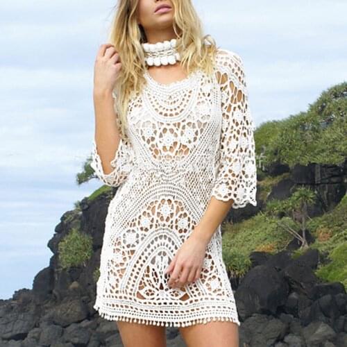 Women Swimsuit Beach Coat Sun Protection Blouse Floral Hollow Backless Vacation Loose Holiday Sexy Bikini Beach Cover Up 2021