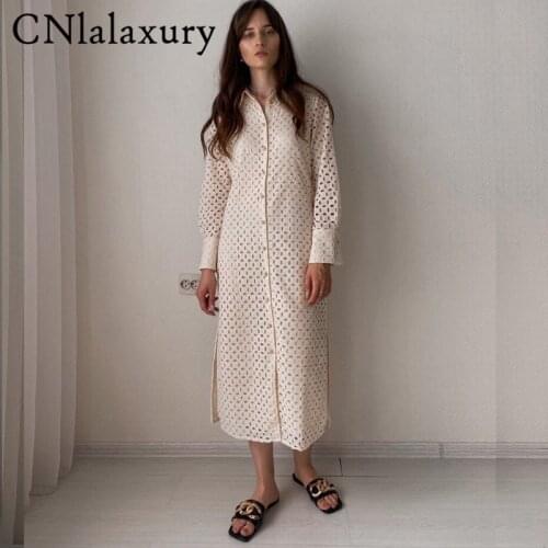 2021 Summer Apricot Sexy Bodycon Dress Women Embroidery Midi Dress Long Sleeve Single Breasted Hollow Out Shirt Dresses Vestido