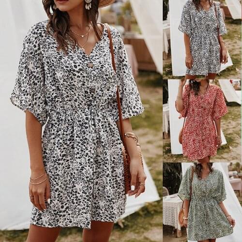 Original Design Womens Dress 2020 Spring and Summer Small Floral Dress Casual V-neck Button Decoration Loose Large Size Dress