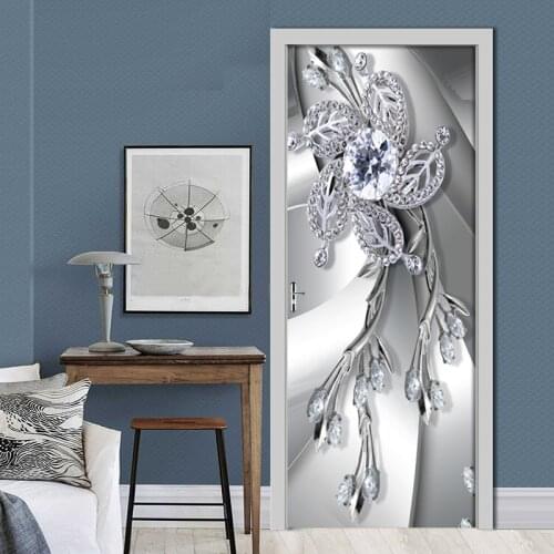 2Pcs/Set 3D Silver Flower Diamond Wall Mural Door Sticker PVC Self-adhesive Waterproof Wallpaper Decals Decor Door Wall Stickers