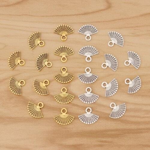 100 Pieces Tibetan Silver/Gold Fan Charms Pendants Beads for Bracelet Necklace Jewellery Making Accessories 13x11mm