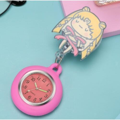 Girl Heart Pink Nurse Watch Lovely Cartoons Little Girl Pink Quartz Dial Elasticity Stainless Steel Clip Doctor Pocket Watch