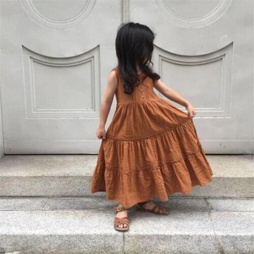 Toddler Kids Baby Girl Cotton&Linen Sleeveless Solid Color Party Dress Sundress Princess Party Tutu Dresses Clothes D1416
