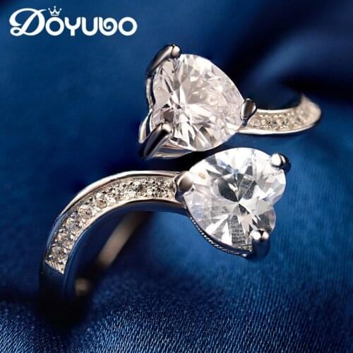 DOYUBO Romantic 925 Sterling Silver Rings For Lover Double Hearts Cubic Zircon Elegant Women Rings Wedding Ring Jewelry VB084