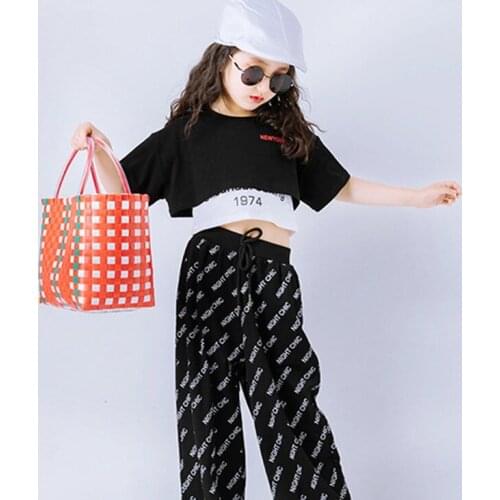 Girls' T-shirt 2020 summer new Korean childrens Jazz jacket printed vest hip-hop navel top two piece set