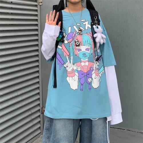 Sky Blue Long Sleeve 100% Cotton Tshirt Streetwear Oversized T Shirt Harajuku Patchwork Japan Cute Tops Casual Gothic Tshirt