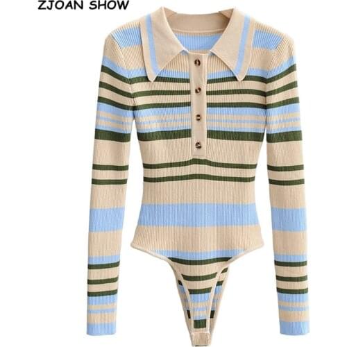 90S Vintage Knitting Contrast color Striped open Lapel Long sleeve Bodysuit Woman Short Jumpsuit Slim fit Rompers Playsuits