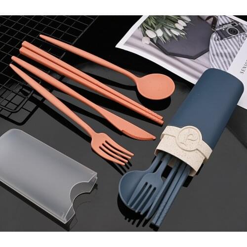 Kitchen Tableware Travel Flatware Cutlery Portable Cutlery Box Japan Style Wheat Straw Knife Fork Spoon Student Dinnerware Set