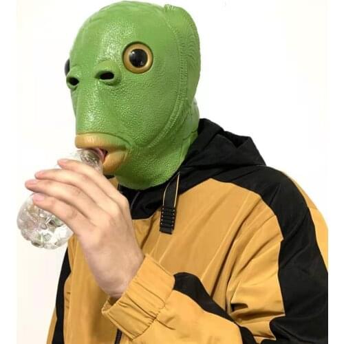 Funny Cosplay Costume Mask Unisex Adult Carnival Party Green Fish Head Mask Headgear Green Fish Headgear Run Boba Novelty Toy
