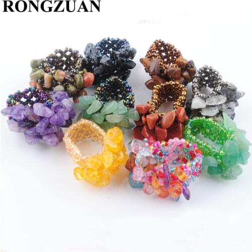 RONGZUAN Fashion Jewelry Agates Tigers Eye Aventurine Amethysts Stone Chip 4~8mm Beads Stretch Finger Ring Charm 1PCS TBJ301