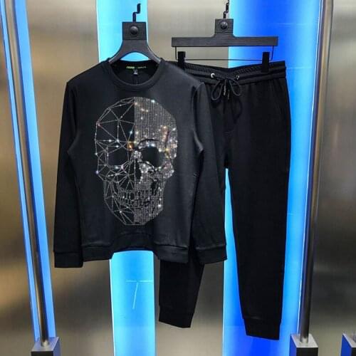 Winter Oversized Skull Flash Diamond Brand 2 Piece Hoodie + Pants Mens Luxury Black Tracksuit Fashion Sets