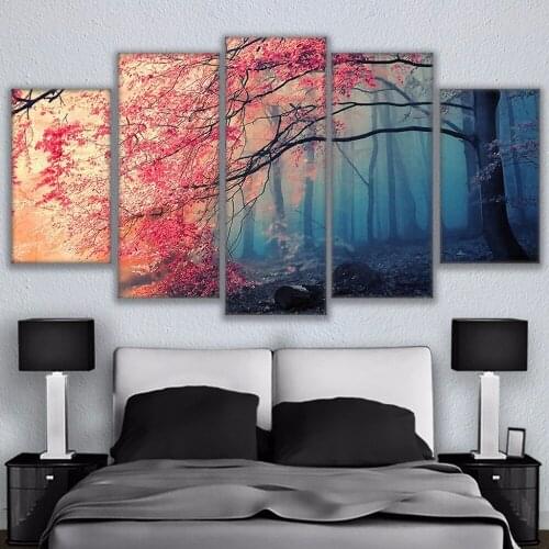 Canvas prints wall art Cherry blossom decorative painting Home Decor Red Trees Forest Photo 5 pieces Wallpaper Posters