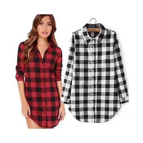 New Style Hot Women Long Sleeve Blouse Plaid Print Shirt Red Black Shirt Tops