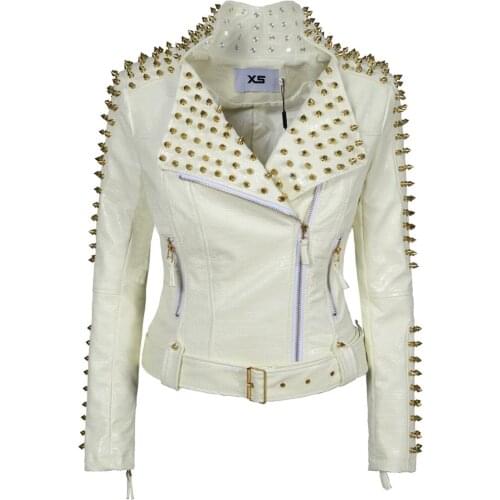 New Womens Fashion Punk Studded Perfectly Belt Coat Slim Fit Shaping PU Faux Leather Biker Jacket Rivet Windbreak Outerwear
