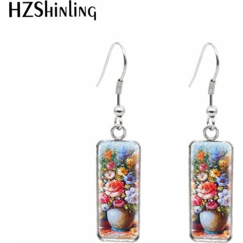 Swedish Europe French Bouquet Floral Painting Rectangular Dangle Drop Hook Earrings Glass Cabochon Handmade Jewelry