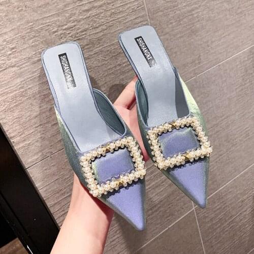 High Heels Slippers Women Fashion Pearl Rhinestone Square Buckle Sexy Pointed Stiletto Slippers Outdoor Beach Casual Sandals
