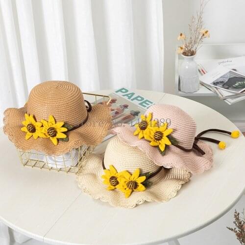 Summer Beach Hat New Sun Hat Bucket Cap with Flowers Flat Top Straw Hat Beach Caps Panama for Children Panama Hat