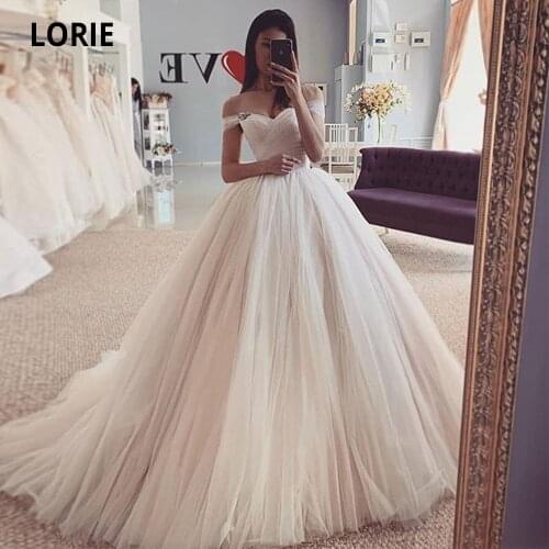 LORIE Off the Shoulder Tulle Wedding Dresses 2020 Charming Open Back Lacing Princess Bridal Gowns Plus Size A-line Party Dresses